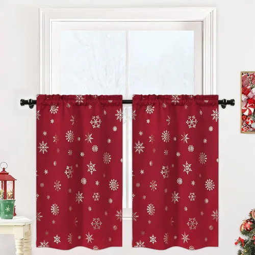 Vista 18 de FRAMICS Cortinas de Navidad con estampado de copos de nieve dorados en papel de aluminio, cortinas opacas con aislamiento térmico para sala de estar