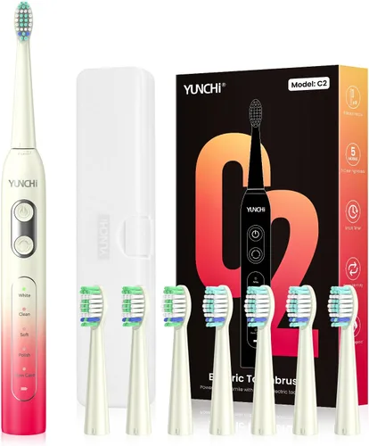 Vista 8 de YUNCHI - Cepillo de dientes eléctrico sónico recargable para adultos y niños, con 8 cabezales de cepillo, 90 días, 5 modelos y temporizador
