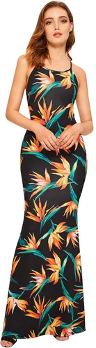 Vista 2 de SheIn - Vestido sexy largo hasta el tobillo con diseño a rayas, para mujer, vestido de fiesta de verano con tirantes delgados y espalda descubierta
