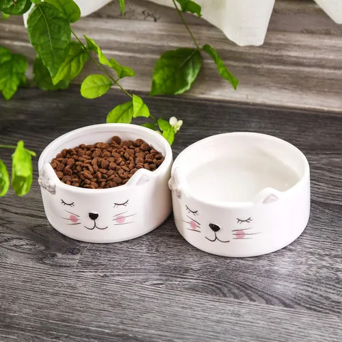 Vista 4 de Kurrajong Farmhouse Juego de 2 cuencos de cerámica para gatos, 4.5 pulgadas de ancho x 2 pulgadas de alto, un cuenco de agua y un cuenco de comida