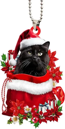 Vista 7 de Talataca Adorno de Navidad plano 2D de gato negro, Gato Negro en bolsa de regalo de Papá Noel rojo, decoración de árbol de pino, colgante de casa 4