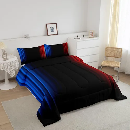 Vista 2 de Feelyou Juego de edredón geométrico degradado para adolescentes, tamaño individual, para niños y mujeres, azul, rojo y negro, juego de ropa de cama