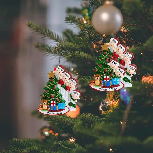 Vista 9 de Adornos de Navidad personalizados, adornos para árbol de Navidad, familia de 2 a 7 nombres, muñeco de nieve, ciervo, decoración de Navidad