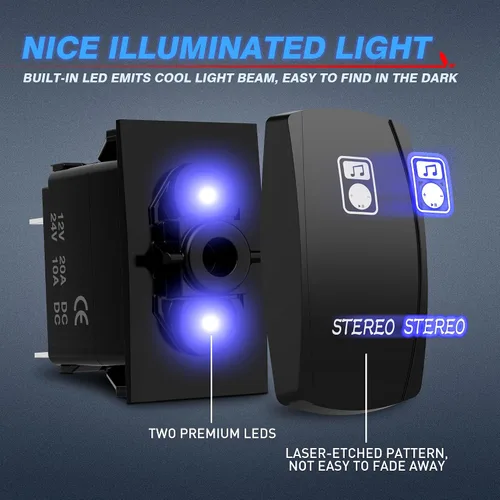 Vista 2 de MICTUNING LS083601JL - Kit de interruptor basculante estéreo láser, luz LED de encendido/apagado, 20A 12V, azul