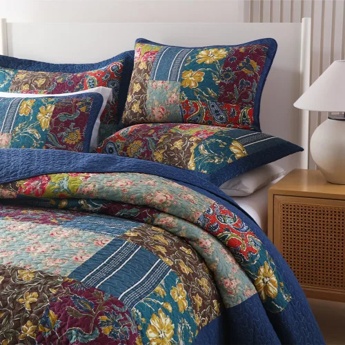 Vista 7 de VISIMISI - Juego de colcha de algodón, juego de cubrecama reversible de retazos, 3 piezas, diseño vintage floral de mosaico azul, tamaño queen
