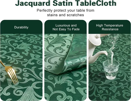 Vista 3 de Mantel cuadrado de damasco de desplazamiento verde jacquard de 52 x 52 pulgadas, mantel lavable para mesa de comedor, fiestas de buffet y campamento