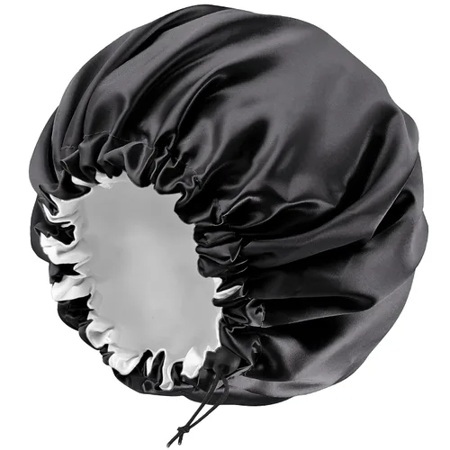 Vista 24 de Gorro de seda de satén para cabello rizado, gorro trenzado para dormir, para mujer, grande, doble capa ajustable (2 unidades, negro) Double Layer