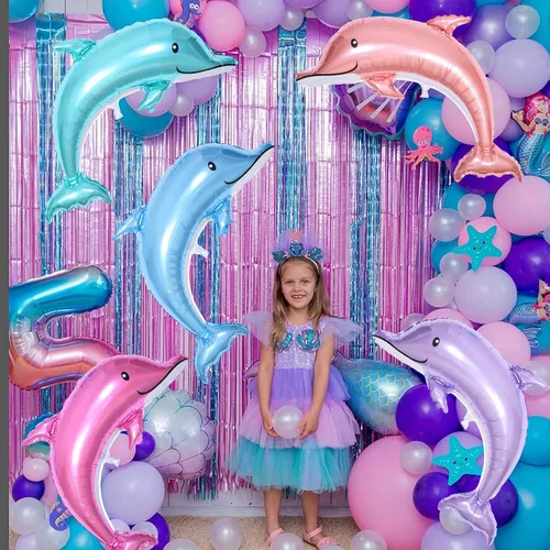 Vista 6 de 5 Globos Gigantes de Delfín, Globos de Lámina Metálica Mylar de Delfín Salpicadura de 46 Pulgadas, Animales Oceánicos para Fiesta de Cumpleaños