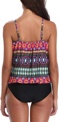 Vista 4 de Chenghe - Tankini de dos piezas para mujer con parte superior estilo blusón Bandeau y parte inferior modesta de talle alto
