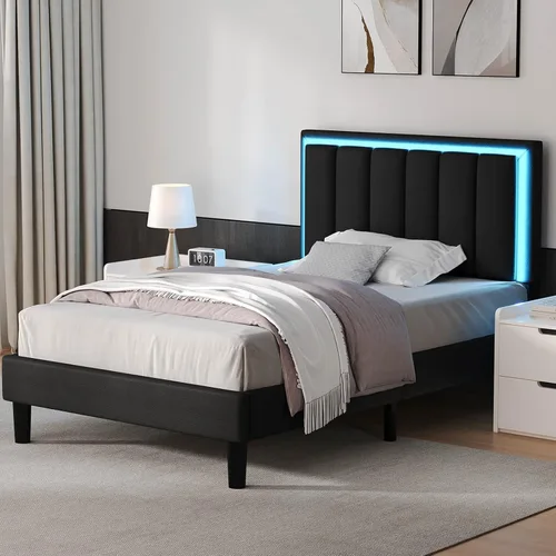 Vista 8 de IMMERSTABLE - Bases de cama tamaño individual, tapizadas con cabecero, luces LED RGB, soporte resistente con listones de madera, sin ruido, no Negro