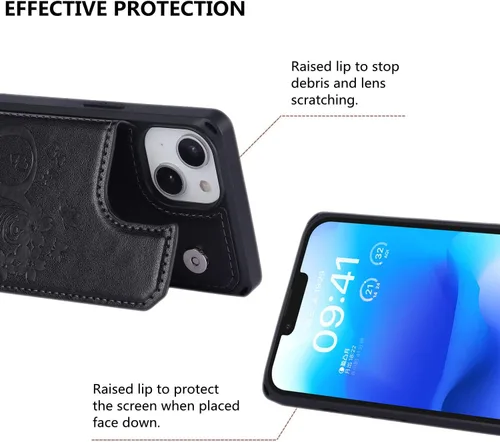 Vista 6 de iCoverCase Funda compatible con iPhone 14 Plus con tarjetero para mujer, bloqueo RFID en relieve, piel sintética con correa de muñeca de 6.7