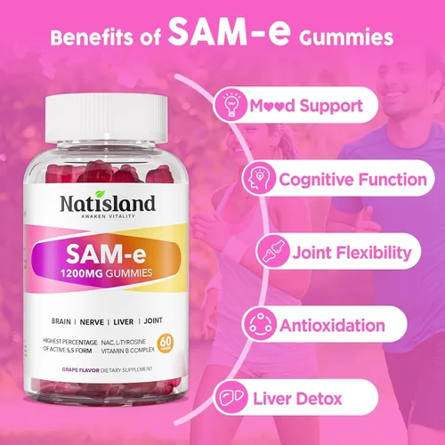 Vista 5 de SAM-e con gomitas de L-tirosina, complejo B metilado y NAC, suplemento SAM e de 1200 mg, folato de metilo y B12, para alivio del estrés y apoyo