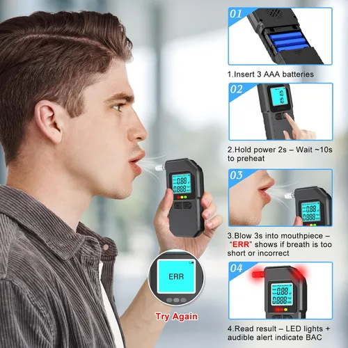 Vista 8 de Alcoholímetro, probador portátil de BAC con pantalla LCD digital, dispositivo personal de alcohol para el aliento con 20 boquillas, monitor de mano