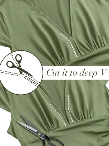 Vista 5 de ANRABESS - Vestido largo de manga corta con cuello en V profundo para mujer, plisado, cintura alta, abertura lateral, para club, fiesta y noche
