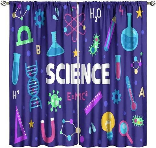 Vista 48 de Cortinas opacas para ventanas de ciencia para niños, lupa de libro de laboratorio de ciencia, lupa, frascos moleculares, cortinas impresas