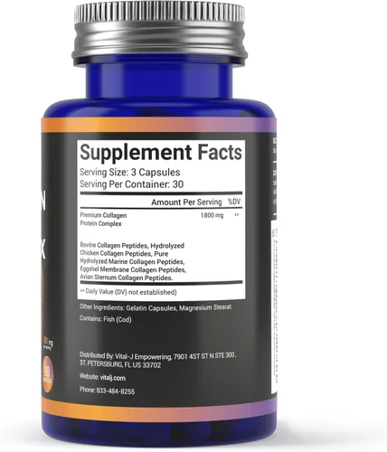 Vista 2 de Péptidos de colágeno 5 en 1 de 1800 mg, 90 cápsulas - Tipo I, II, III, V, X - Suplementos de colágeno cápsulas para mujeres y hombres - Proteína