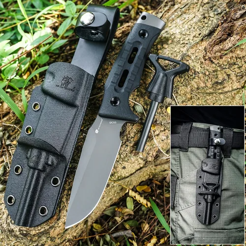 Vista 4 de HX OUTDOORS Cuchillo de Hoja Fija para Acampar con Iniciador de Fuego, Cuchillo de Supervivencia Bushcraft de Acero DC53 Premium con Espiga Completa