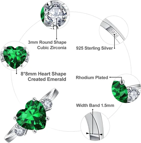 Vista 3 de BONLAVIE Anillo de compromiso de plata de ley 925 para mujer, 2.25 quilates, creado con zafiro azul, talla esmeralda verde, anillo de compromiso