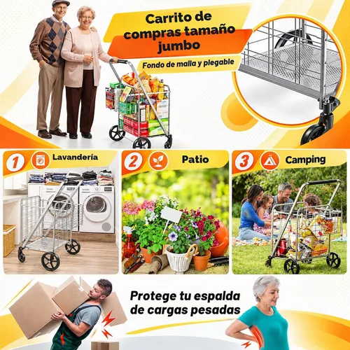 Vista 6 de Wellmax Heavy Duty Grocery Cart, Metal Folding Shopping Cart, 160 lb Max