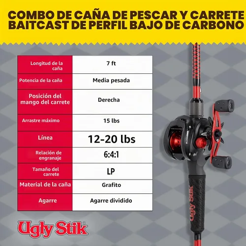 Vista 5 de Combo de carrete de cebo de bajo perfil y caña de pescar Ugly Stik Carbon