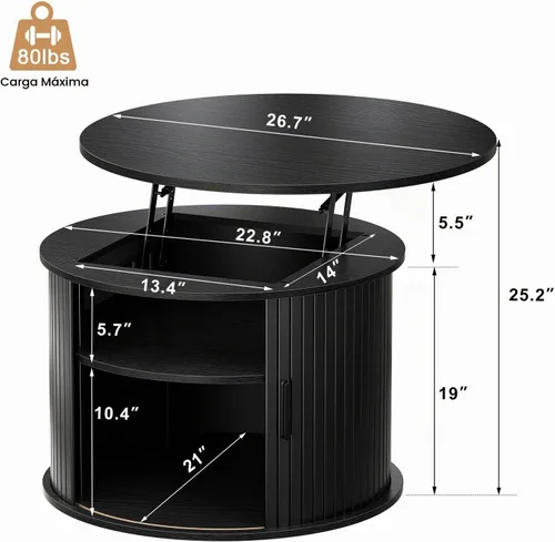 Vista 2 de FABATO - Mesa de centro redonda con tapa de elevación acanalada, puerta corredera, color negro Small Coffee Table with Fluted Sliding Door, Hidden