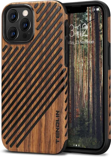 Vista 9 de TENDLIN Funda magnética para iPhone 13 Pro - Funda híbrida de TPU de cuero de grano de madera con compatibilidad MagSafe