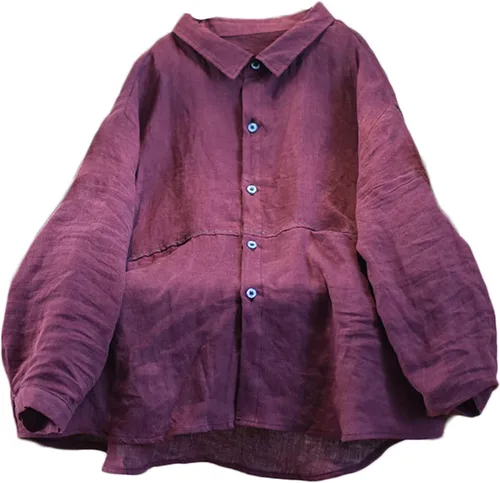 Vista 9 de NFYM Camisa de lino y lino con botones para mujer, hecha a mano, manga larga, ajuste holgado, cuello con bolsillo