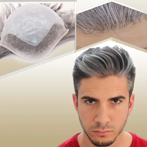 Vista 11 de Peluca de cabello humano europeo de repuesto para hombre, encaje suizo frontal, 0.003 in, piel fina, poliuretano, con bucle, 10 x 8 pulgadas