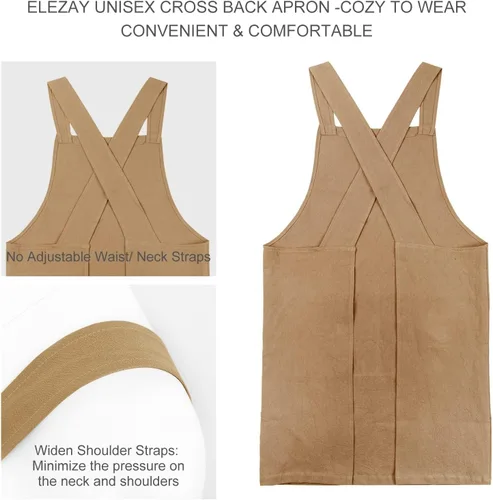 Vista 2 de ELEZAY Delantales para mujer con bolsillos, talla grande, cómodo, espalda cruzada, sin lazo, delantal de lino y algodón Marrón