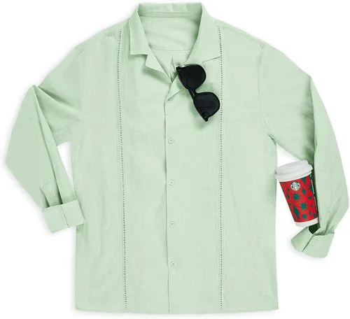 Vista 2 de Camisas mexicanas de manga larga para hombre, camisas de lino de algodón con botones bordados para boda cubana