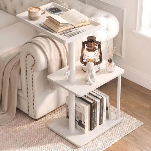 Vista 9 de Faesun Mesa auxiliar de mesa C de altura ajustable, bandeja giratoria de 360° para espacios pequeños, mesita de noche pequeña para sala de estar