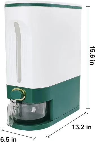 Vista 2 de LUOKER Dispensador de arroz, almacenamiento de arroz de 25 libras con taza medidora, recipiente de arroz blanco y verde con un solo toque