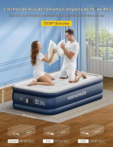 Vista 6 de Colchón de aire twin con bomba incorporada elevada, colchón inflable de 18 pulgadas de alto, colchón inflable eléctrico, cama de inflado rápido