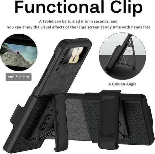 Vista 6 de Miimall Funda compatible con Samsung Galaxy Z Flip 3 con funda de clip para cinturón, funda de cuero de doble capa, delgada, resistente, funda