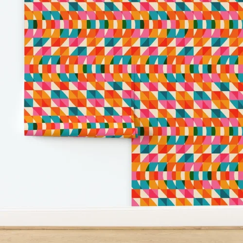 Vista 4 de Muestras de papel tapiz removibles – Retro Cuadros Ondas Rosa Verde Azul Rojo Naranja Rayas Papel pintado personalizado pre-pegado por Spoonflower