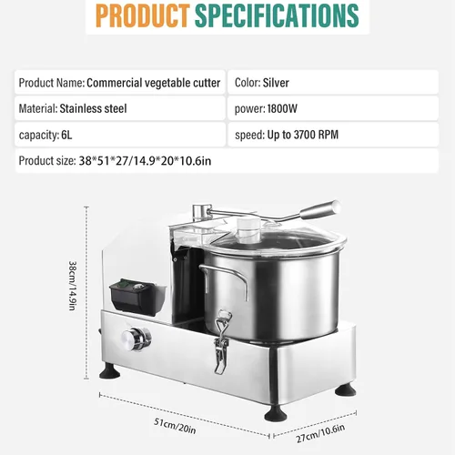 Vista 6 de Procesador de alimentos comercial, procesadores de alimentos de acero inoxidable de 1800 W, picadora eléctrica de verduras resistente con control