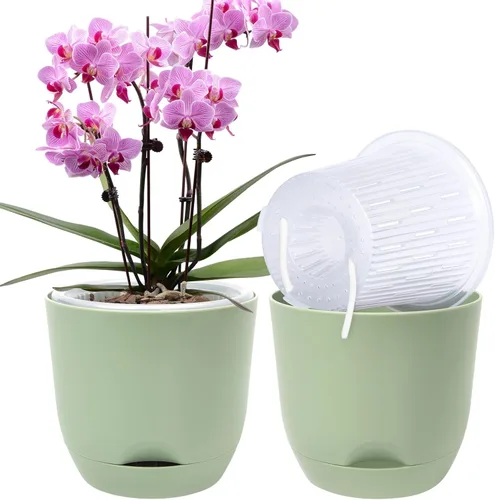 Vista 48 de QCQHDU 2 Pack 5.7 Inch Orchid Pots with Holes for Repotting, Double-Layer and Self Watering Orchid Pot with Good Air Circulation Verde