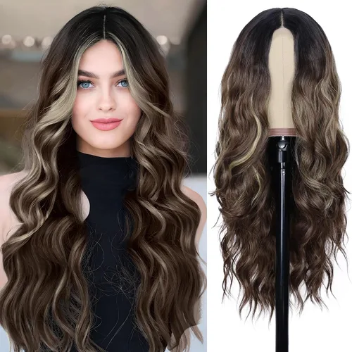 Vista 17 de NAYOO Peluca larga ondulada rubia ombré para mujer, de 26 pulgadas, parte media, rizada, ondulada, de aspecto natural, fibra sintética resistente al