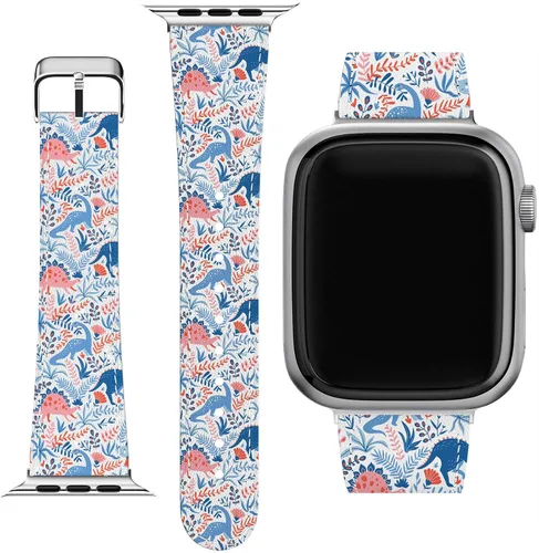 Vista 11 de Correa de muñeca compatible con Apple Watch Series 7/6/5/4/3/2/1/SE y funda de teléfono a juego con estampado rosa, correa de dinosaurios