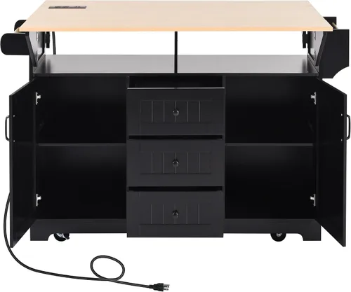 Vista 7 de Modern Rolling Kitchen Island with 2 Drop Leaves Power Outlets, 2 Storage Cabinets with Adjustable Shelf, 3 Drawers, Spice & Towel Rack, 5