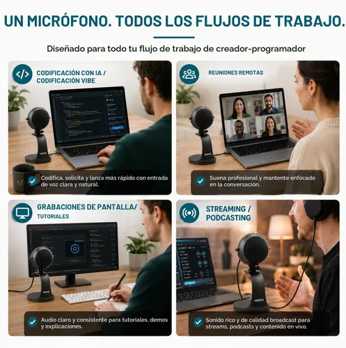 Vista 8 de Micrófono USB Movo WebMic para codificación IA, indicaciones de voz y dictados Negro