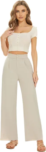 Vista 2 de FUNYYZO Pantalones de lino de cintura alta de pierna ancha para mujer, pantalones casuales de trabajo con cintura elástica