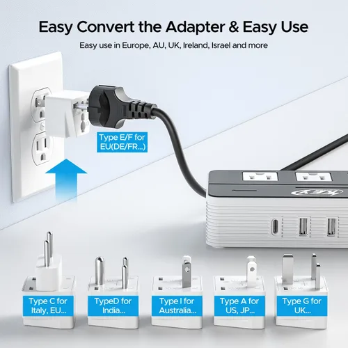 Vista 4 de Key Power Convertidor de voltaje reductor de 220 V a 110 V de 230 vatios y adaptador de viaje internacional/convertidor de corriente con puerto