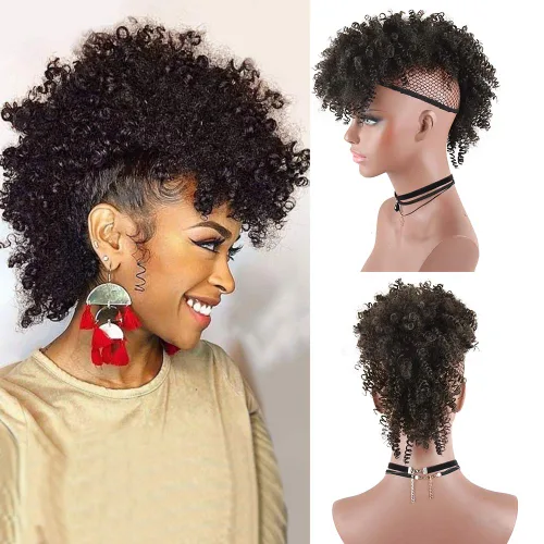 Vista 15 de Aisaide Cola de caballo afro Mohawk alta con flequillo sin cordón, extensión de cola de caballo corta rizada sin cordón, clip sintético en moño