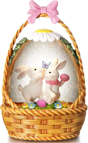 Vista 7 de Linterna de globo de nieve de Pascua, decoraciones de Pascua para el hogar con temporizador giratorio con purpurina, decoración de Pascua iluminada