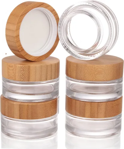Vista 13 de COSIDEA 18 frascos vacíos de vidrio transparente redondos de 1.7 onzas fluidas con tapas de bambú, tarro de crema de madera, recipientes de viaje