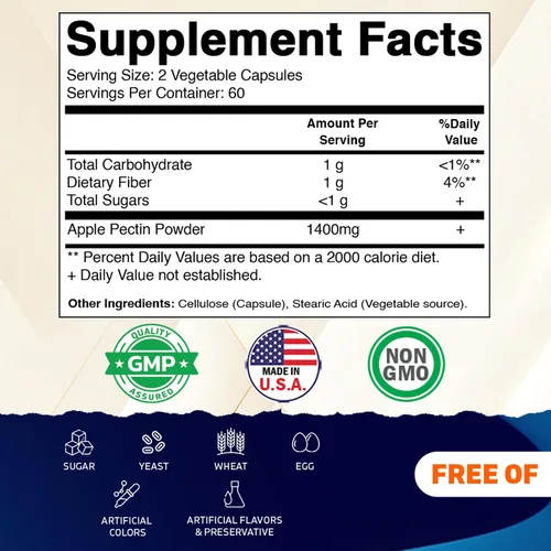 Vista 2 de Vitamatic Pectina de manzana 700 mg – 120 cápsulas vegetarianas por botella Suplemento de fibra dietética natural – Apoya la salud digestiva