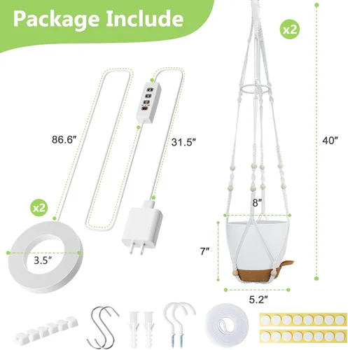 Vista 7 de Macetas colgantes para plantas de interior: paquete de 2 perchas de macramé con luces de cultivo y macetas de riego automático, macetas colgantes