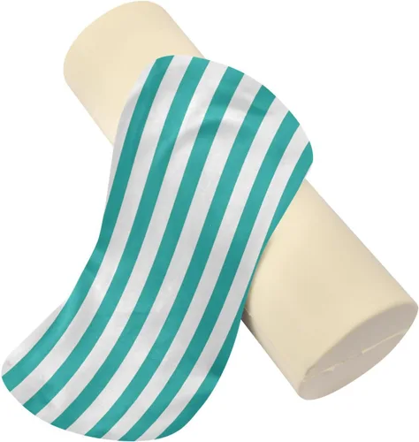 Vista 2 de Almohada redonda con funda a rayas, color azul y blanco, almohada cervical, almohada cervical, soporte de cuello de espuma viscoelástica para dormir