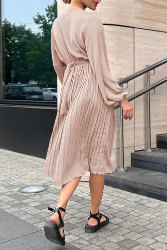 Vista 2 de PRETTYGARDEN Vestido Midi de Primavera para Mujer con Manga Larga Abombada, Cuello en V Envolvente, Fluido, con Volantes Plisados, Vestidos Casuales